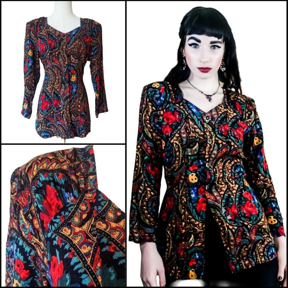 Vintage 1980s Paisley Floral Shoulder Pad Psychedelic Rainbow Blazer